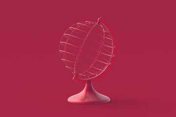 Wire globe of magenta on red background. Color of the year 2023. 3d render