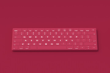 Keyboard of magenta on red background. Color of the year 2023. 3d render
