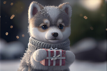 A little puppy dog opening a gift at a snowy park
