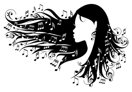 Woman with long black hair and musical notes, listening music concept, illustration over a transparent background, PNG image