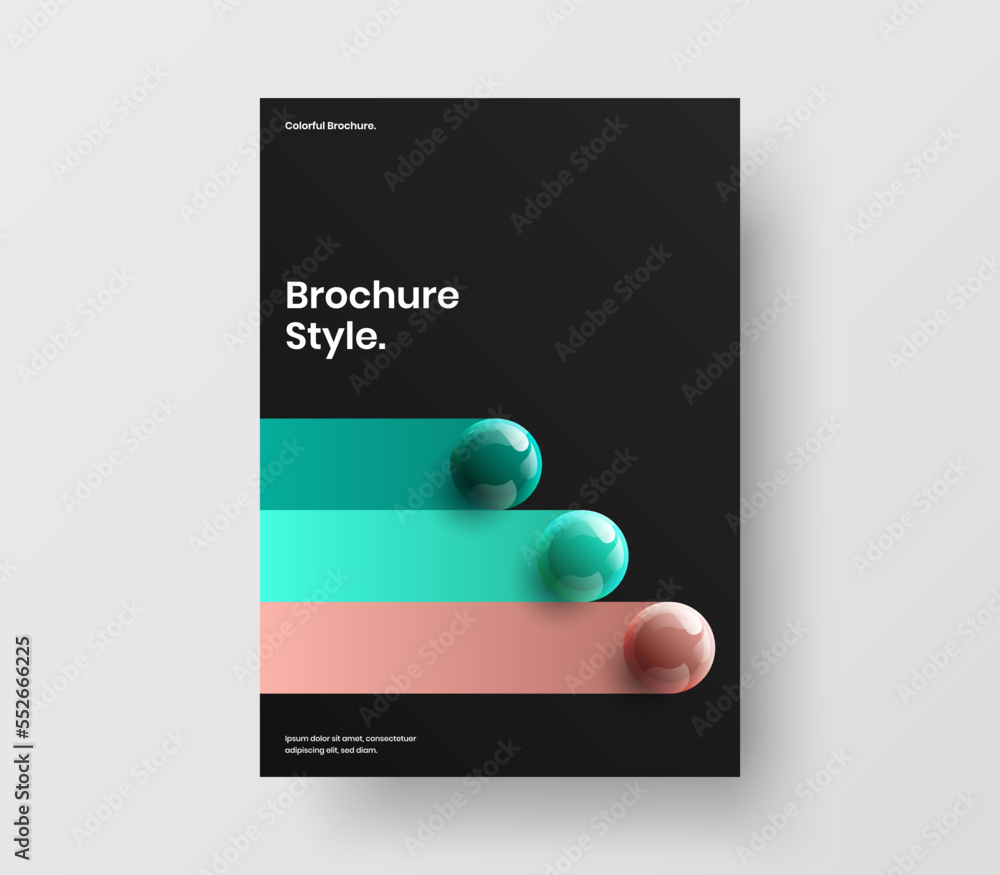 Poster multicolored leaflet a4 vector design illustration. abstract realistic spheres postcard template.