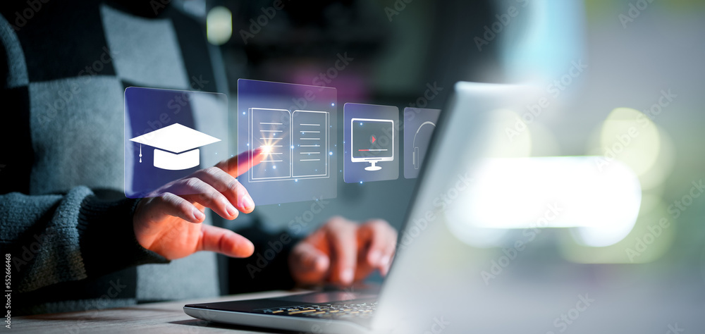 Poster concept of online education. man use online education training and e-learning webinar on internet fo