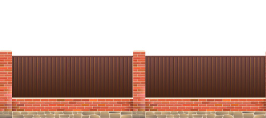 Iron fence with plastered brick pillars and stone foundation. Horizontal seamless design. Isolated on white background Vector.