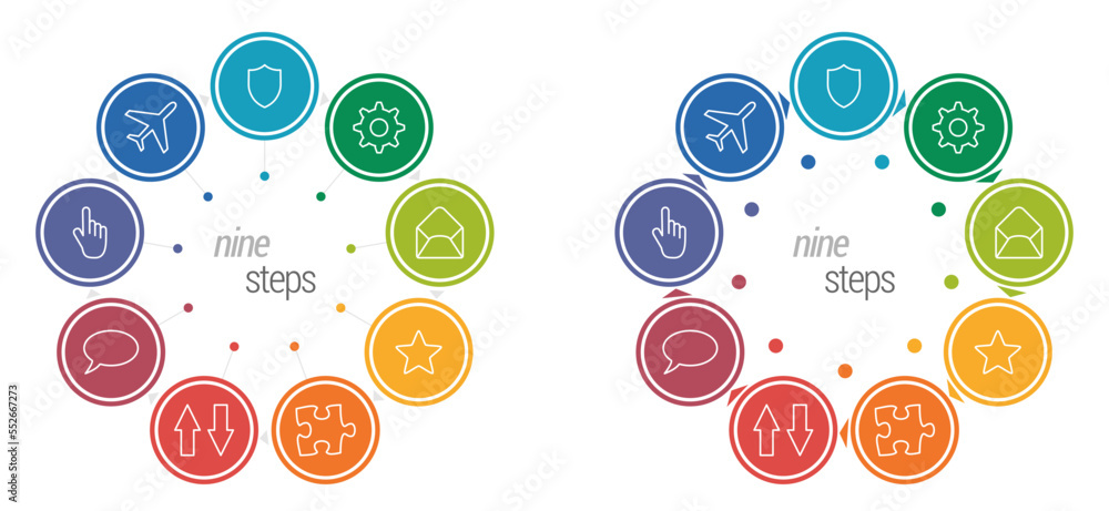 Fototapete nine circles each different color, connected with triangle arrows forming one larger circle - multip