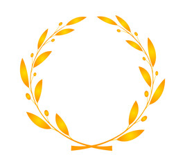 Golden laurel wreath isolated on white background.Icon of a circular wreath of laurel leaves and berries in a flat style.Award for the winner of the competition. A symbol of glory and peace. Antiquity