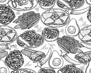 Vector Mexican food seamless pattern. Hand drawn sketch with latin american food such as nachos, tacos, burritos, quesadilla, jalapeno, cilantro, avocado, corns, beans.