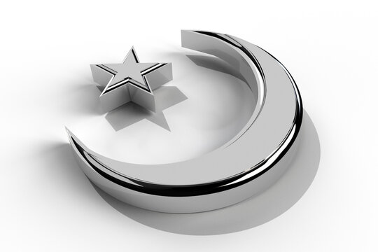 Isolated Crescent In Silver Metallic Material, 14 August Or 23 March Symbol, Pakistan Day And Happy Independence Day Icon On White Background, 3D Render Illustration.