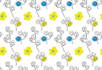 Ukrainian cotton blossom flowers vector pattern, endless texture. Cotton flowers on white background with blue and yellow ua colors