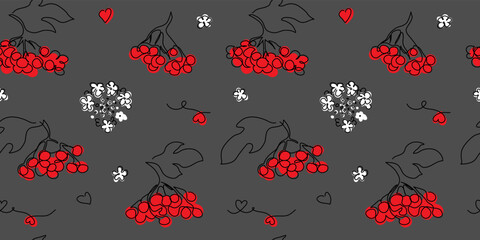 Red viburnum seamless vector pattern. Berries and bloom. Ukrainian berry from song. One continuous line art drawing of red viburnum