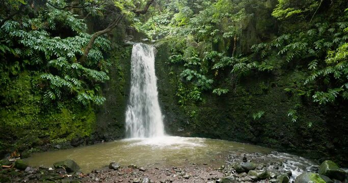 Salto do Prego waterfall lost in the rainforest, Sao Miguel Island, Azores, Portugal