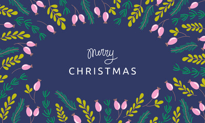 Beautiful plant background with fir branches, leaves and berries. Merry Christmas lettering. Vector illustration.
