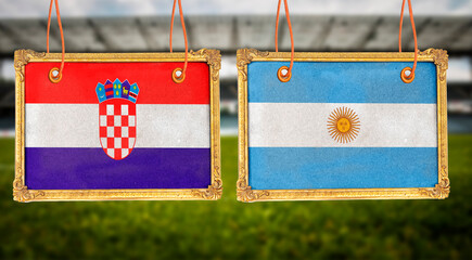 hanging photo wooden frame with Portugal vs England flags - semi-finals football match. - obrazy, fototapety, plakaty