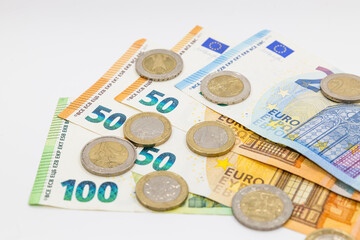 Euro banknotes and coins. Financial accounting and saving money concepts