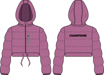 Womens Quilted Puffer Hooded jacket design flat sketch Illustration, Down puffa Padded Hoodie jacket with front and back view, Soft shell winter jacket for girls and ladies for outerwear in winter. © JERZEY DESINZ