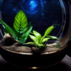the last plant from planet earth saved in a terrarium on a space station, created with Generative AI