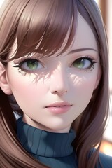 Fototapeta premium Beautiful woman portrait in front of winter christmas tree in anime style digital painting illustration