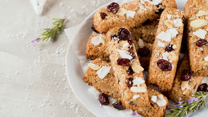 Cereal bars with almonds, coconut and cranberries