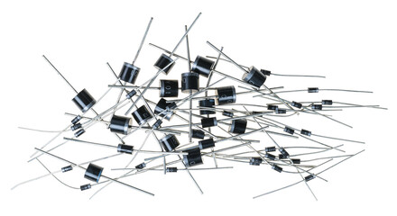 Various semiconductor silicon rectifier diodes isolated on a white background. Group of different...