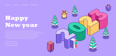 Fototapeta na wymiar Happy New Year 2023 landing page. Christmas tree in cute minimalistic style with man. Creative concept for banner, flyer, cover, social media, design web page. Vector illustration concept