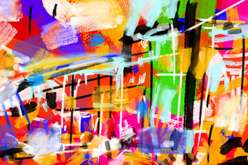 Abstract collage of modern art city in modern style full of celebrations and fireworks in the sky. Illuminated building and square.