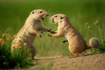 Prairie dogs romping and squabbling in the weeds. Generative AI - obrazy, fototapety, plakaty