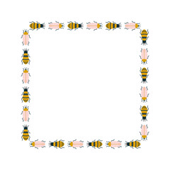 Vector cute square wreath with bugs and bees in art deco style. Animal prints for greeting cards, label designs and logos.