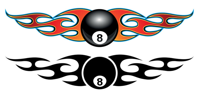 Set of 8 ball and fire flame vector illustrations. Burning 8 ball billiard graphic car sticker and logo template.