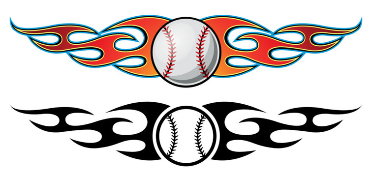 Set of baseball ball and fire flame vector illustrations. Burning baseball ball graphic car sticker and logo template.