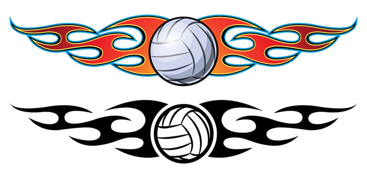 Set of  volleyball ball and fire flame vector illustrations. Burning volleyball ball graphic car sticker and logo template.