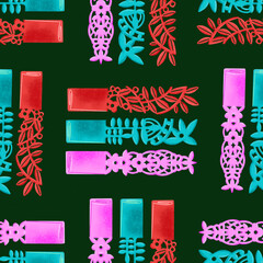 Filipino pastillas candy with handcut paper wrapper in pink, green, and red on dark green background, grid illustrated pattern