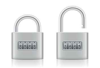 Combination lock with sequence of numbers, locked and unlocked iron padlock with rotating dial - silver steel security device with closed and opened shackle. Isolated vector on white background.
