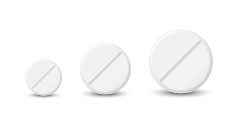 Vector 3d Realistic Round White Pharmaceutical Medical Pill, Capsule, Tablet Icon Set Isolated on White Background. Front View. Medical Concept