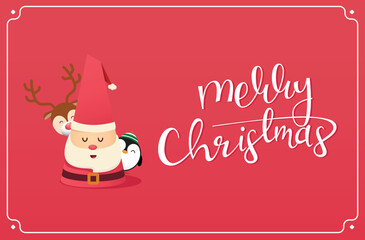 Fototapeta na wymiar Merry Christmas greeting card with cute penguin, reindeer and Santa waiting. Vector illustration.