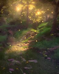 Generative AI illustration of a fairy like woodland with sun shining through the trees and mist with golden fireflies.