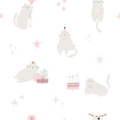 Seamless pattern with funny party cats.