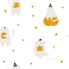 Seamless pattern with Thanksgiving cats in pilgrims hats with pumpkins