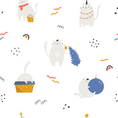 Seamless pattern with funny holiday cats, decorations, Christmas trees, gifr boxes