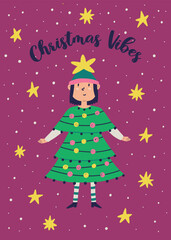 Girl in an ugly Christmas tree dress greeting card. Vector illustration