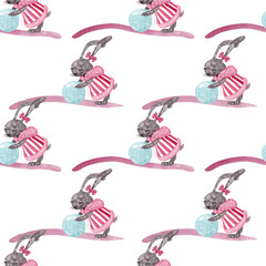 Winter cheerful hare. Seamless watercolor pattern of a dressed-up hare for Christmas. Ideal for designing textiles, wallpapers, children's wardrobes and accessories