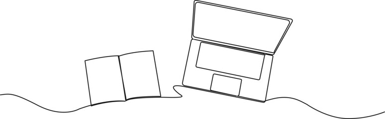 continuous single line drawing of laptop computer and book or journal, vector illustration