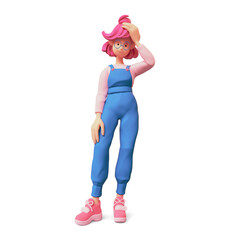 Pensive cute casual kawaii pink haired girl in glasses wears blue overalls touches her head with hand, stands with confused face expression, thinks over decision. 3d render isolated on white backdrop.