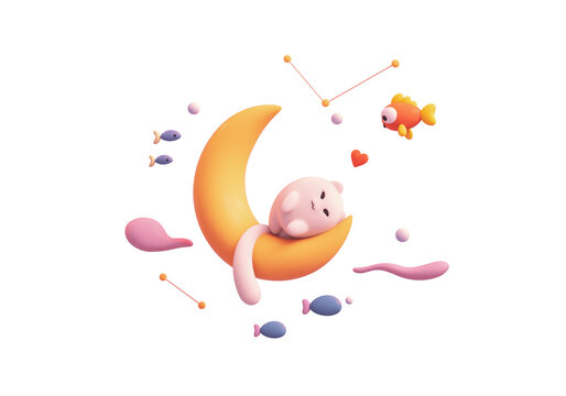 Fat fluffy happy cat sleeps on yellow moon floating in air with a big goldfish, pink clouds, red heart shape, small blue fishes. Good night, I love you, lazy days. 3d render isolated on white backdrop