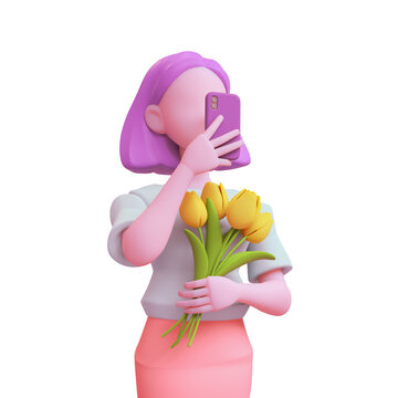Portrait of casual young woman in blue t-shirt, red skirt, purple hair, posing, taking selfie on smartphone camera. Faceless girl holds yellow tulips in one hand. 3d render isolated on white backdrop.