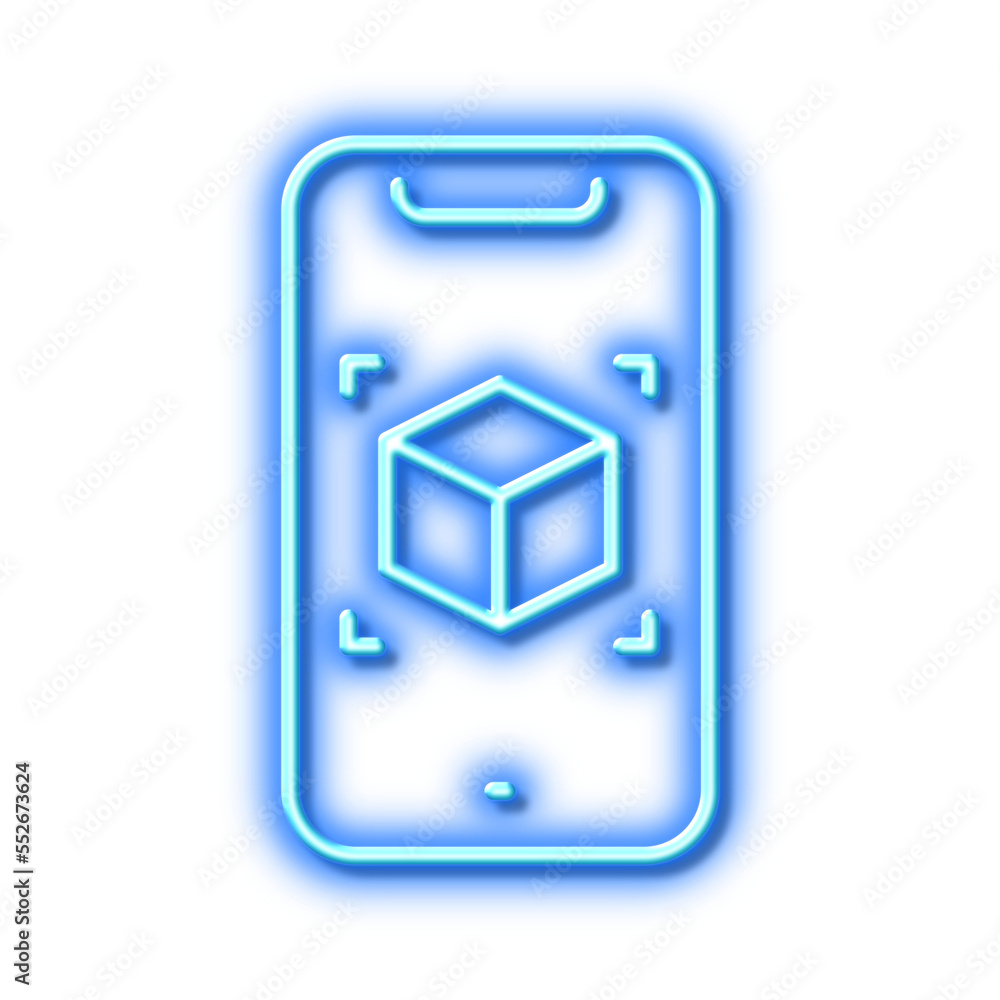 Poster augmented reality phone line icon. vr simulation sign. 3d cube. neon light effect outline icon.