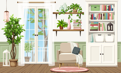 Beautiful room interior design with French doors, a white bookcase, an armchair, and a big ficus tree. Cartoon vector illustration