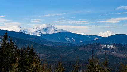 Wonderful views of the Carpathian Mountains covered with snow and a clear blue sky in Ukraine.