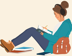 llustration of a girl sitting reading a book and taking notes. Quiet student surrounded by book and course bag. Student studying. Deep concentration for studies. Pile of books. Headphones on ears.