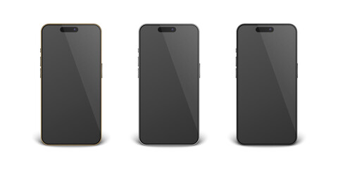 Vector 3d Realistic Golden, Black, Gray Steel Modern Smartphone Design Template Set Closeup Isolated. Mobile Phone Mockup. Telephone Device UI UX, Phone in Front View