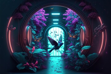 Abstract fantasy floral sci-fi neon portal. Flower plants with neon illumination. AI