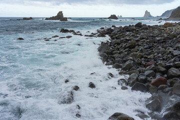 The coast of the Atlantic Ocean in the area of Roque de las Bodegas and Playa de Almaciga (Almaciga Beach). Tenerife. Canary Islands. Spain.